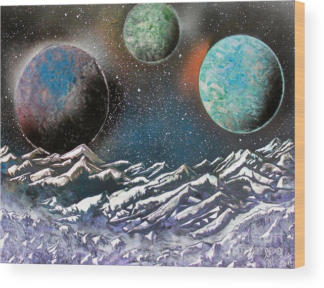 Space Art Wood Print featuring the painting 3 Planets 4664 by Greg Moores