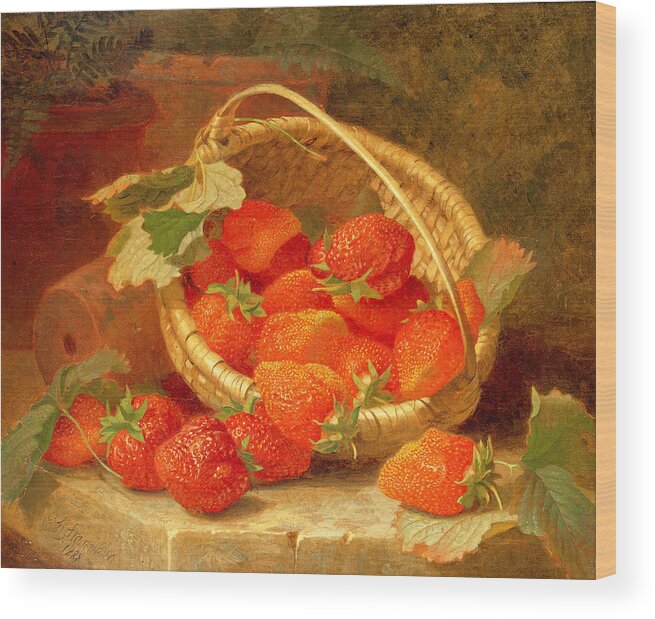 Fruit;still Life Wood Print featuring the painting A Basket of Strawberries on a stone ledge by Eloise Harriet Stannard