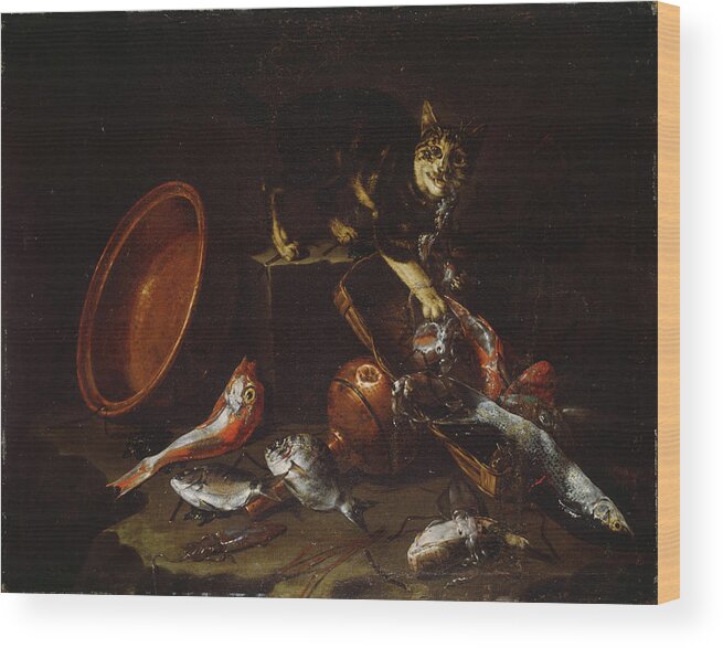 A Cat Stealing Fish Wood Print featuring the painting A Cat Stealing Fish by MotionAge Designs