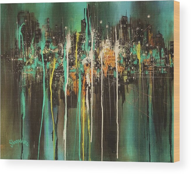 Semi-abstract; City Lights; City At Night; Tom Shropshire Paintings; Impressionistic; Night Lights; Cityscape; Urban Landscape Wood Print featuring the painting Across The Bay by Tom Shropshire