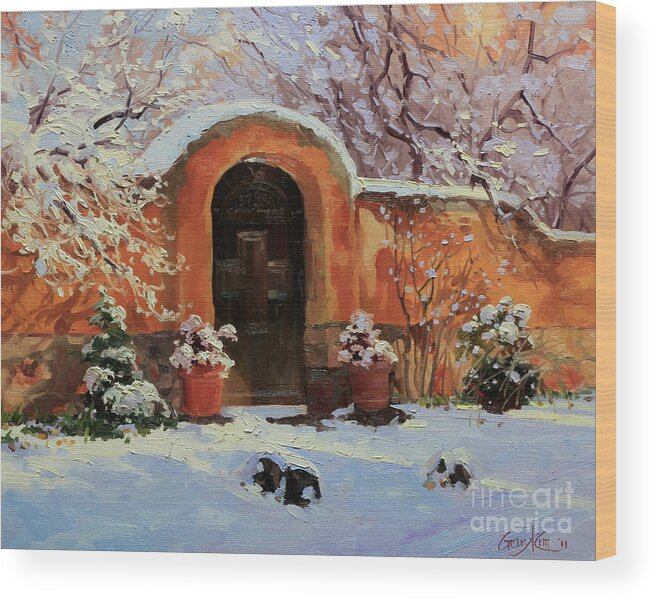 Adobe Wall Wood Print featuring the painting Adobe wall with wooden door in snow. by Gary Kim