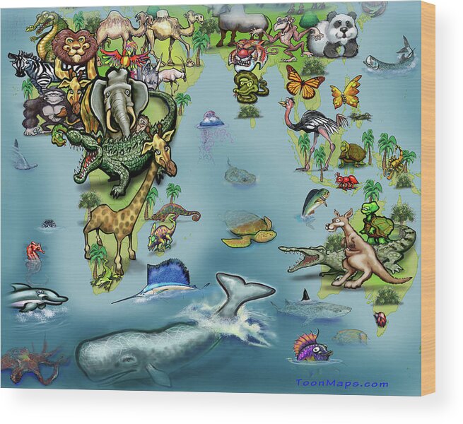 Africa Wood Print featuring the digital art Africa Oceania Animals Map by Kevin Middleton