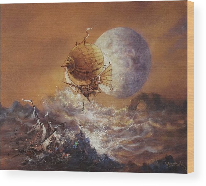Steampunk Airship Wood Print featuring the painting Airship Sea Rescue by Tom Shropshire