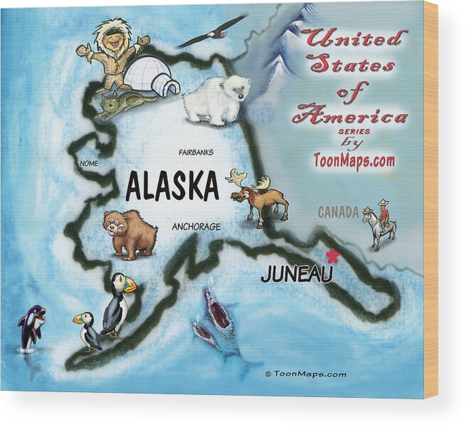 Alaska Wood Print featuring the digital art Alaska Fun Map by Kevin Middleton