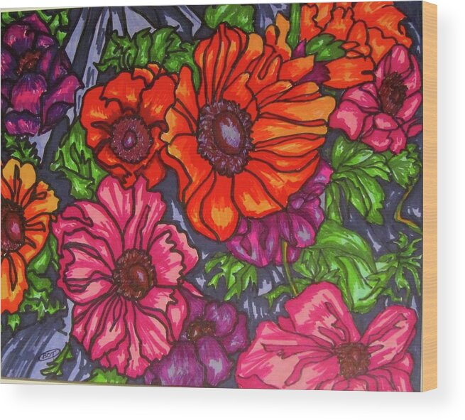 Flowers Wood Print featuring the painting Anenomes by Barbara O'Toole
