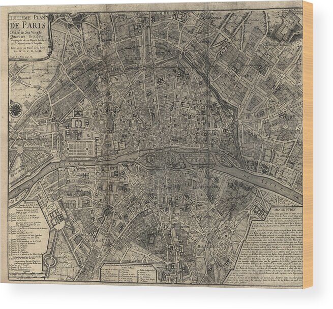Paris Wood Print featuring the drawing Antique Map of Paris France by Nicolas De Fer - 1705 by Blue Monocle