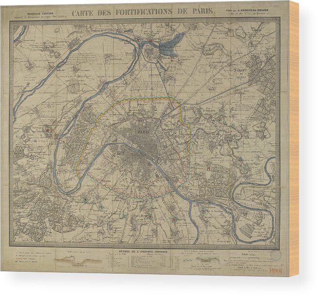 Antique Paris Map Wood Print featuring the drawing Antique Maps - Old Cartographic maps - Antique Map of Paris by Studio Grafiikka