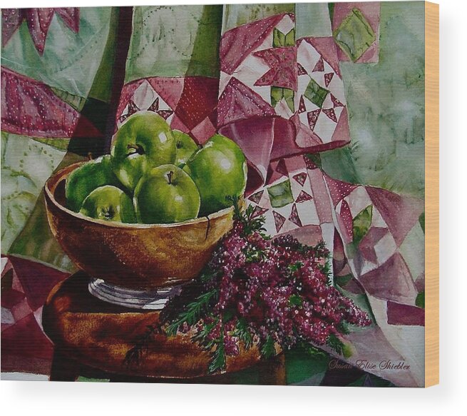 Apples Wood Print featuring the painting Apples and Heather by Susan Elise Shiebler