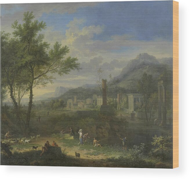 18th Century Art Wood Print featuring the painting Arcadian Landscape with Fishermen by Jan van Huysum
