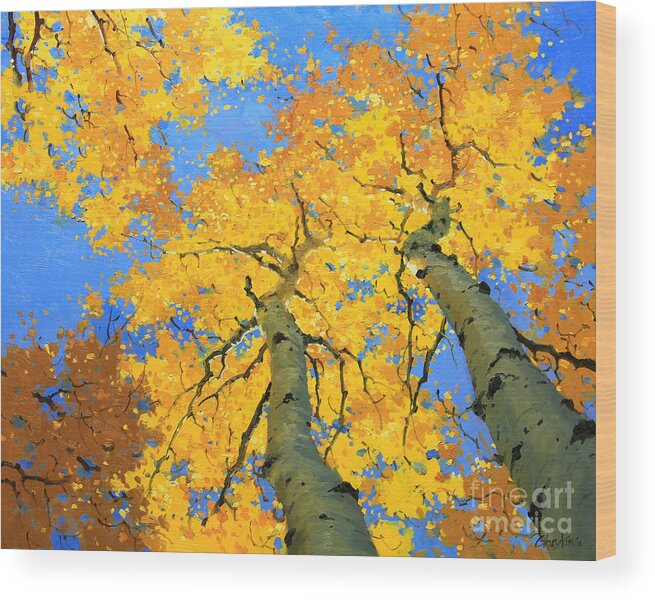 Nature Wood Print featuring the painting Aspen Sky High by Gary Kim