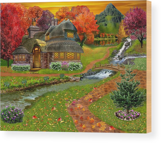 Autumn Wood Print featuring the digital art Autumn Country Cottage by Glenn Holbrook