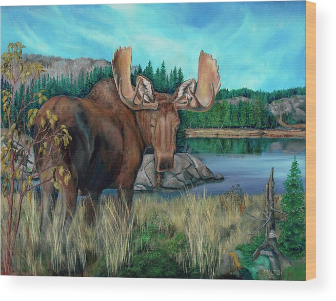 Bull Moose Wood Print featuring the painting Autumn Moose by Joe Baltich