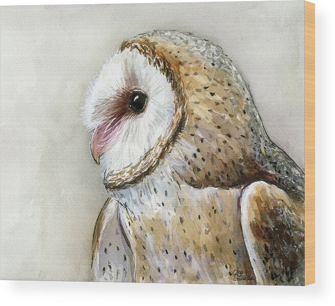 Owl Wood Print featuring the painting Barn Owl Watercolor by Olga Shvartsur