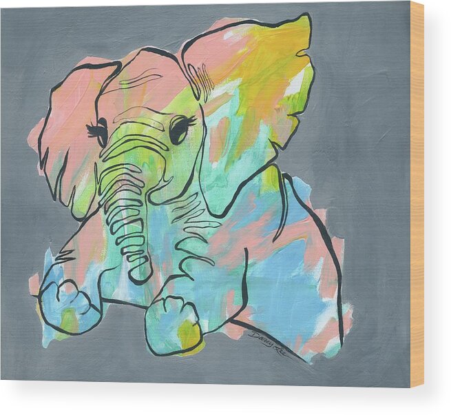 Elephant Wood Print featuring the painting Bashful Beginning by Darcy Lee Saxton