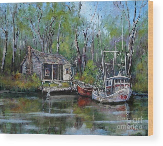 Louisiana Bayou Camp Wood Print featuring the painting Bayou Shrimper by Dianne Parks