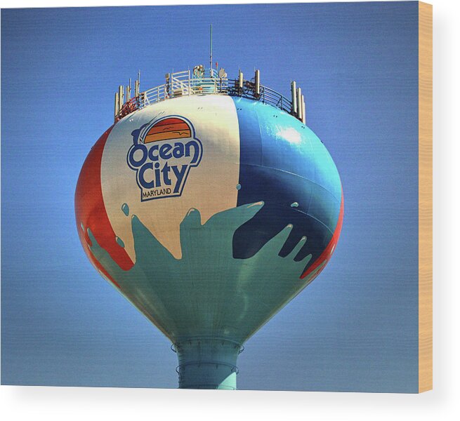 Beach Ball Wood Print featuring the photograph Beach Ball Water Tower in Ocean City by Bill Swartwout