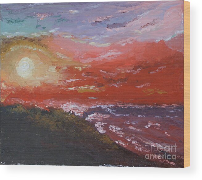 Beach Wood Print featuring the painting Beach Sunset by Theresa Cangelosi