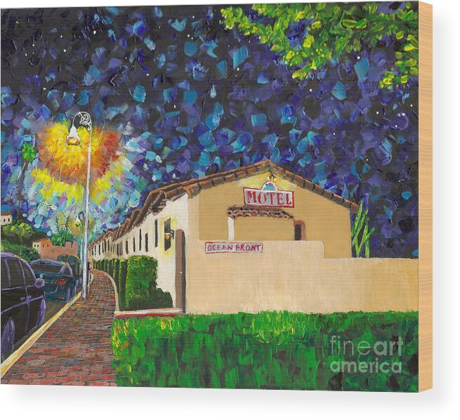 San Clemente Wood Print featuring the painting Beachcomber Motel by Mary Scott
