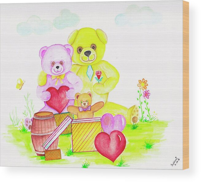 Bear Family Wood Print featuring the painting Bear Family by Sudakshina Bhattacharya