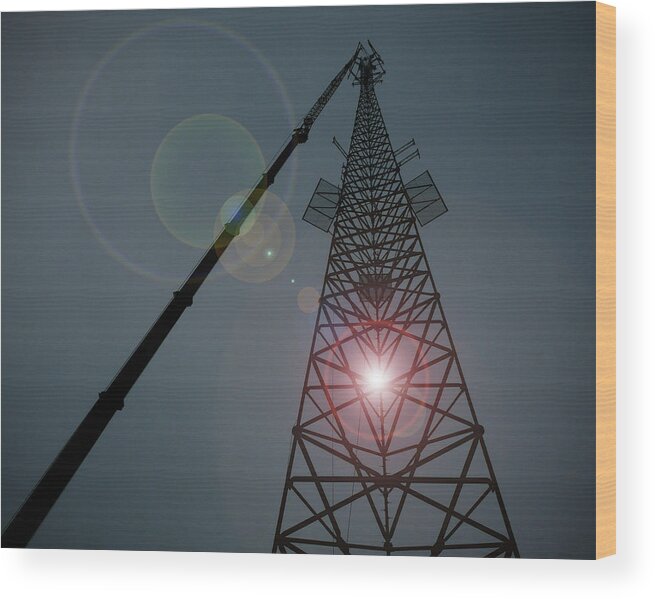 Tower Crane Steel Blue Sky Flare Silhouette Wv Berkeley Springs Sun Solar Communications Boom Tower Technician Rope Work Ropes Aerial High Harness West Virginia Usa Cellphone Cell Cellular Climber Wood Print featuring the photograph Berkeley Springs by Bob Geary