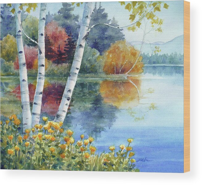 Birches Wood Print featuring the painting Birches at White Lake in Autumn by Janet Zeh