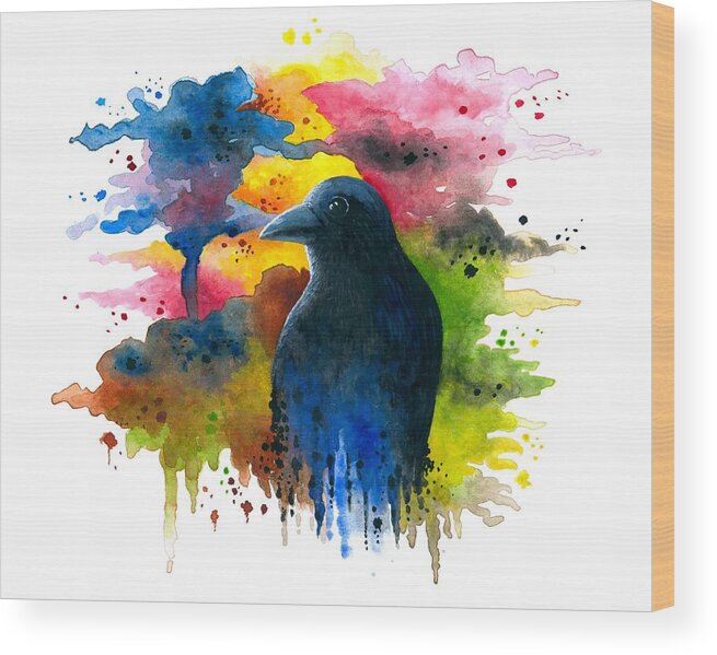 Bird Wood Print featuring the painting Bird 71 Crow Raven by Lucie Dumas