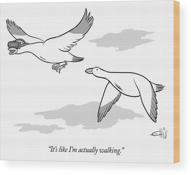 it's Like I'm Actually Walking. Wood Print featuring the drawing Bird wearing virtual reality goggles by Ellis Rosen
