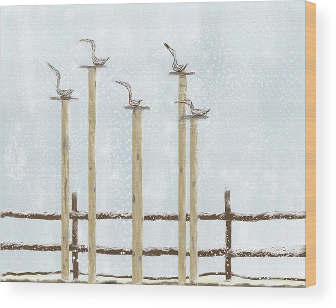 Birds Wood Print featuring the digital art Birds on Posts by Peggy Blackwell