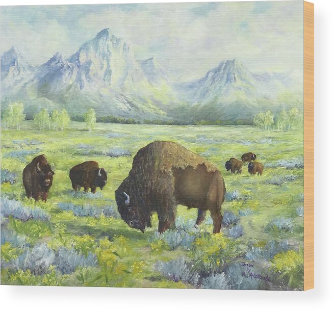 Tetons Wood Print featuring the painting Bison of Yellowstone by ML McCormick