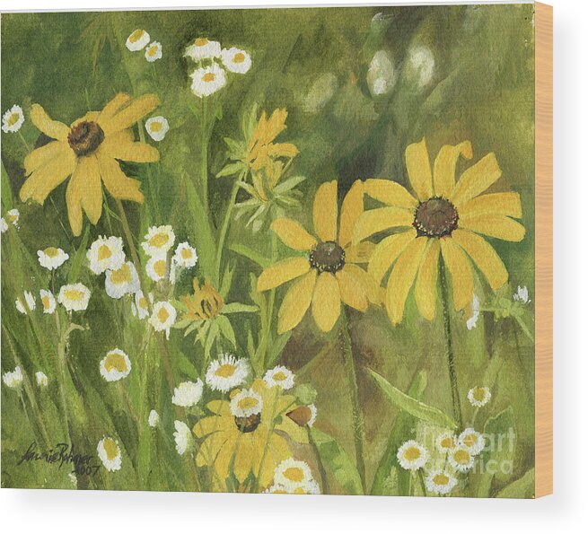 Nature Art Wood Print featuring the painting Black-eyed Susans in a Field by Laurie Rohner