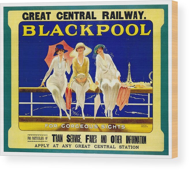 Blackpool Wood Print featuring the mixed media Blackpool, England - Retro Travel Advertising Poster - Three fashionable women - Vintage Poster - by Studio Grafiikka