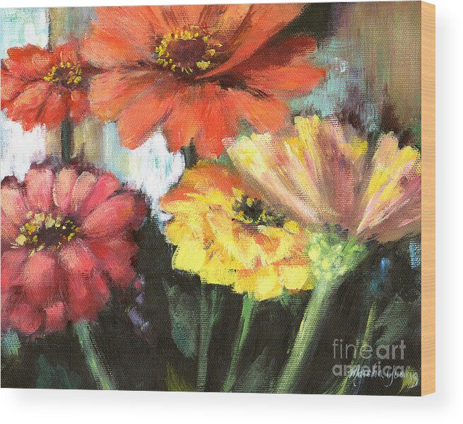 Zinnias Wood Print featuring the painting Blooming Zinnias by Marsha Young