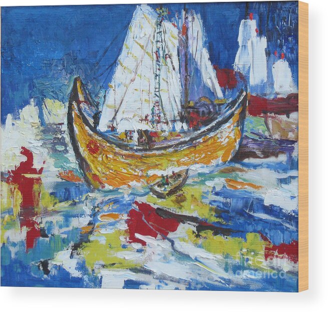 Boat Wood Print featuring the painting Blue and White by Guanyu Shi