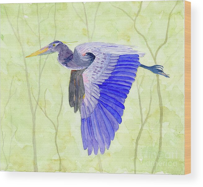 Heron Wood Print featuring the painting Blue Heron in Flight by Anne Marie Brown