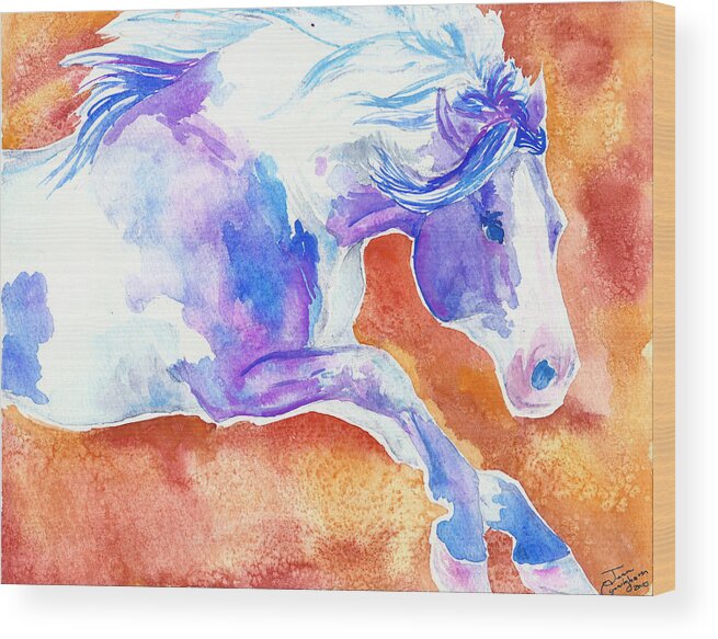 Horse Wood Print featuring the painting Blue jumping paint by Jenn Cunningham