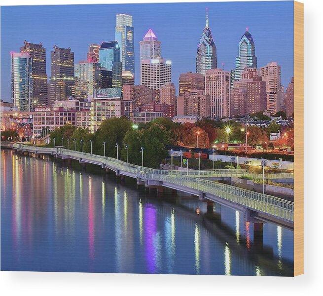 Philadelphia Wood Print featuring the photograph Blue Night Lights in Philly by Frozen in Time Fine Art Photography