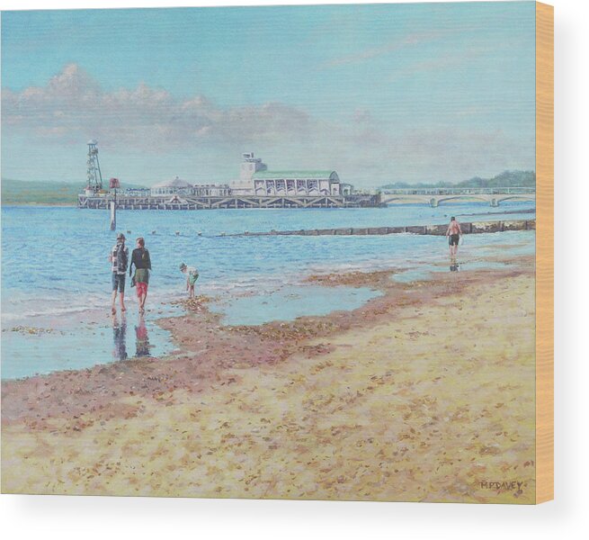 Beach Wood Print featuring the painting Bournemouth Pier late summer morning by Martin Davey