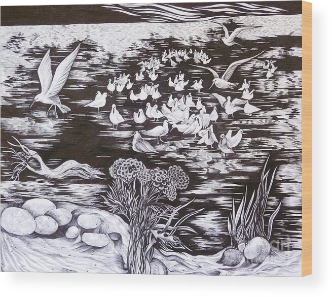 Black And White Wood Print featuring the drawing Bow River by Anna Duyunova