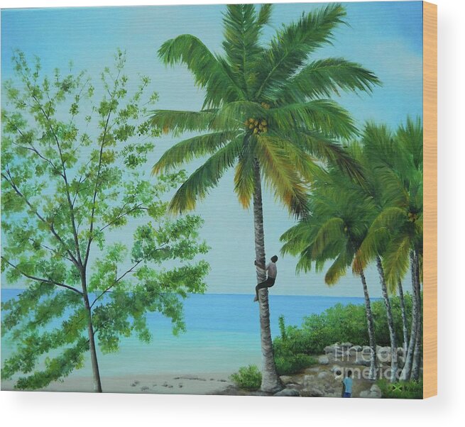 Tropical Landscape Wood Print featuring the painting Boy Climbing Coconut Tree by Kenneth Harris