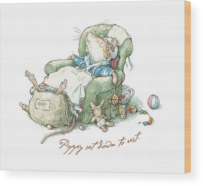 Brambly Hedge Wood Print featuring the drawing Brambly Hedge - Poppy sat down to rest by Brambly Hedge