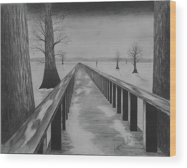 Lake Wood Print featuring the drawing Bridge Across Frozen Lake by Gregory Lee