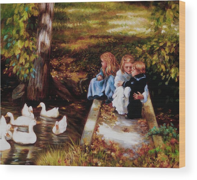 Children Wood Print featuring the painting Bridge on Duck Pond by Marie Witte