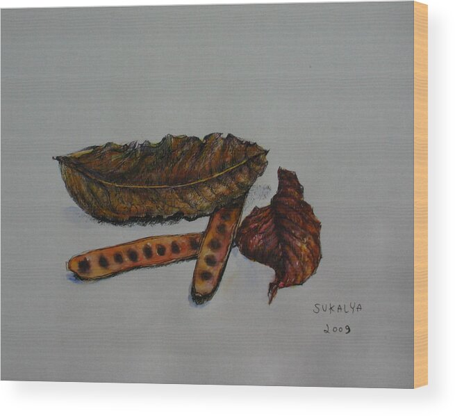 Brown Wood Print featuring the painting Brown of Leafs and Seeds by Sukalya Chearanantana