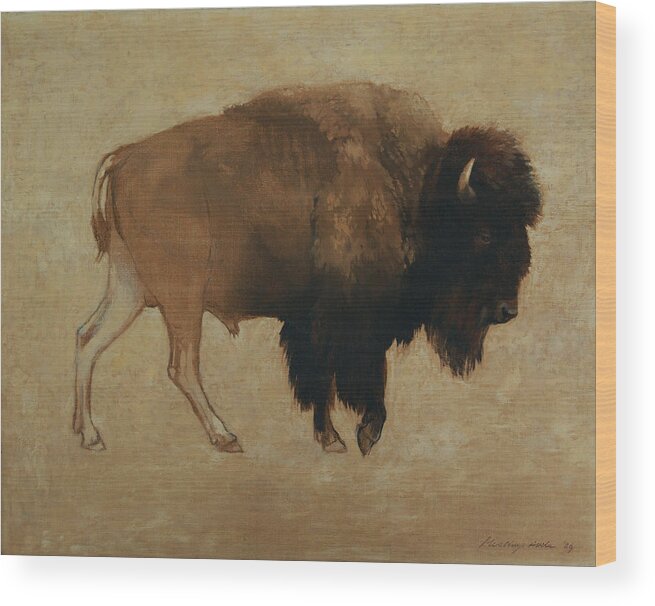 Buffalo Wood Print featuring the painting Buffalo by Attila Meszlenyi