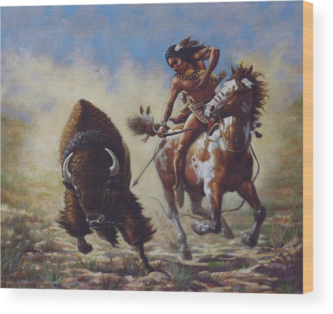 Native American Wood Print featuring the painting Buffalo Hunter by Harvie Brown