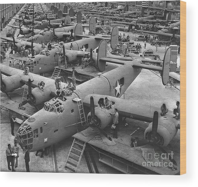 Building The B24 Fleet 1943 Bw Wood Print featuring the photograph Building the B24 Fleet 1943 BW by Padre Art