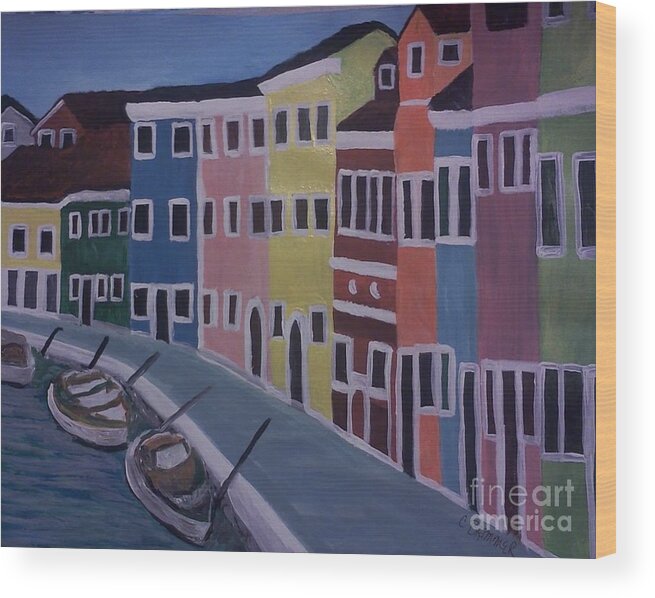 Colorful Wood Print featuring the painting Buildings by the Boardwalk by Christy Saunders Church