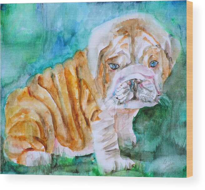 Bulldog Wood Print featuring the painting BULLDOG CUB - watercolor portrait by Fabrizio Cassetta