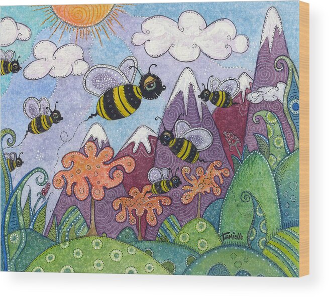 Whimsical Landscape Wood Print featuring the painting Bumble Bee Buzz by Tanielle Childers