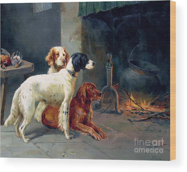 Dogs Wood Print featuring the painting By the Fire by Alfred Duke